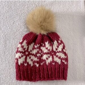 Handmade Red White Snowflake Jacquard Knit Toque Beanie With Faux Fur Pom Pom